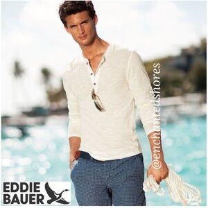 Eddie Bauer Waffle Knit Henley Knit Long Sleeve Shirt Ivory Off White Size XL